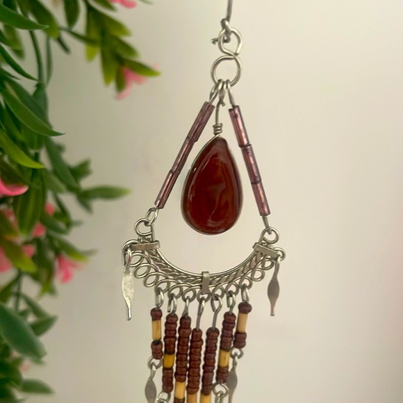 Dangle Earrings - Boho Vintage Silver Tone w/Brown Stone & Beads - 4" - Picture 7 of 7